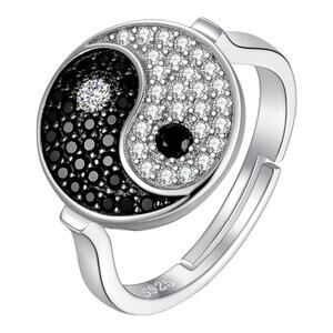 Rhodium Plated Silver Pave` White and Black Spinel Round Yin Yang Ring